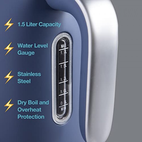 Rae Dunn 전기 물 주전자 - 스테인리스 스틸 커피 메이커, 1.7리터 차 주전자, 자동 종료 종기 건조 보호 기능이 있는 전기 온수 주전자, 1500와트 끓는점(네이비)