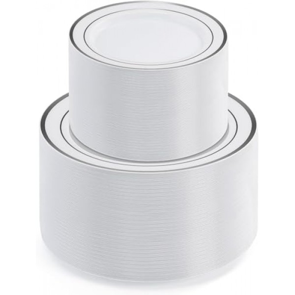 AOZITA 100 은제품 플라스틱 파티 접시, 프리미엄 고강도 일회용 접시 - 파티 결혼식을 위한 플라스틱 디너 접시 50개 및 디저트 전채 접시 50개