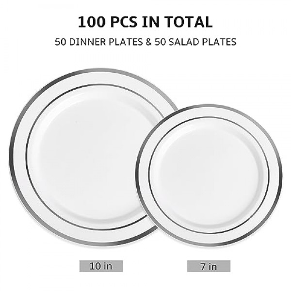 AOZITA 100 은제품 플라스틱 파티 접시, 프리미엄 고강도 일회용 접시 - 파티 결혼식을 위한 플라스틱 디너 접시 50개 및 디저트 전채 접시 50개