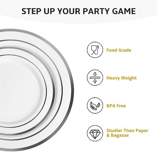 AOZITA 100 은제품 플라스틱 파티 접시, 프리미엄 고강도 일회용 접시 - 파티 결혼식을 위한 플라스틱 디너 접시 50개 및 디저트 전채 접시 50개