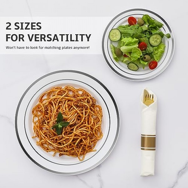 AOZITA 100 은제품 플라스틱 파티 접시, 프리미엄 고강도 일회용 접시 - 파티 결혼식을 위한 플라스틱 디너 접시 50개 및 디저트 전채 접시 50개