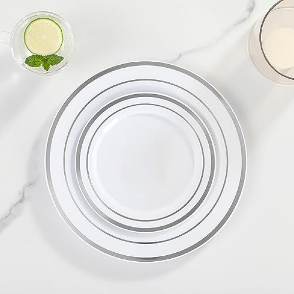 AOZITA 100 은제품 플라스틱 파티 접시, 프리미엄 고강도 일회용 접시 - 파티 결혼식을 위한 플라스틱 디너 접시 50개 및 디저트 전채 접시 50개