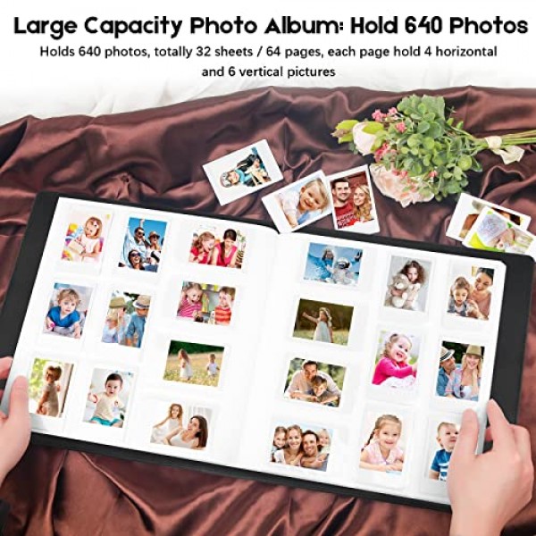 Fujifilm Instax Mini 카메라용 640 포켓 사진 앨범, 폴라로이드용 사진 앨범, 가죽 커버, Instax Mini 12 11 9 40 90 8 7 Evo LiPlay 즉석 카메라, 2x3 사진 앨범(검은색)