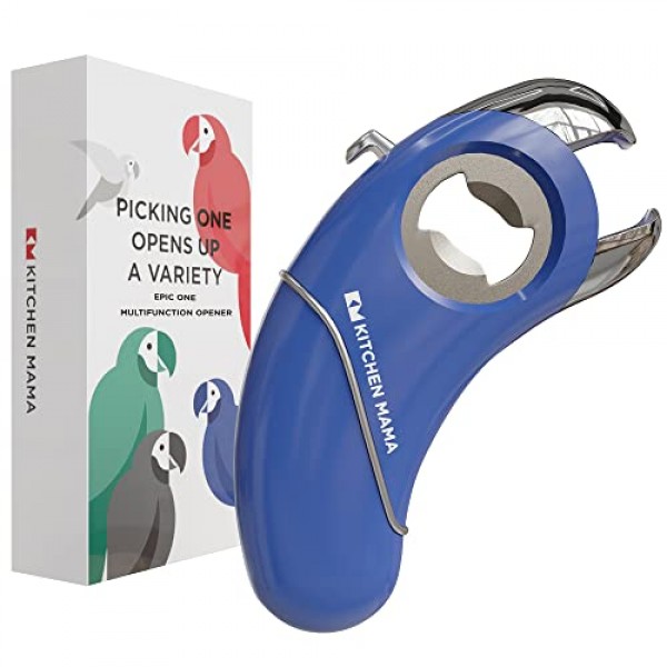 Kitchen Mama Epic One - 다기능 병따개: 나사 및 병뚜껑, 캔, 개봉 탭 및 항아리가 있는 병 열기 - 인체공학적, 손 친화적, 관절염에 이상적 - 파란색