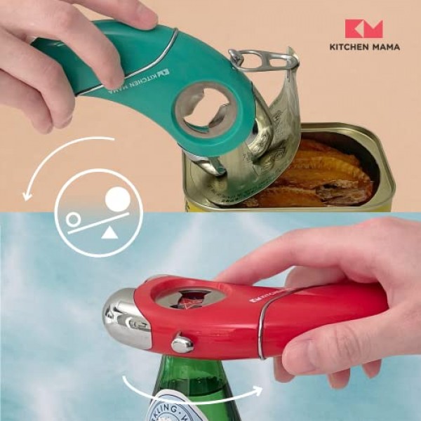 Kitchen Mama Epic One - 다기능 병따개: 나사 및 병뚜껑, 캔, 개봉 탭 및 항아리가 있는 병 열기 - 인체공학적, 손 친화적, 관절염에 이상적 - 파란색
