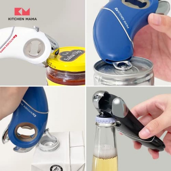 Kitchen Mama Epic One - 다기능 병따개: 나사 및 병뚜껑, 캔, 개봉 탭 및 항아리가 있는 병 열기 - 인체공학적, 손 친화적, 관절염에 이상적 - 파란색