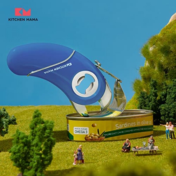 Kitchen Mama Epic One - 다기능 병따개: 나사 및 병뚜껑, 캔, 개봉 탭 및 항아리가 있는 병 열기 - 인체공학적, 손 친화적, 관절염에 이상적 - 파란색