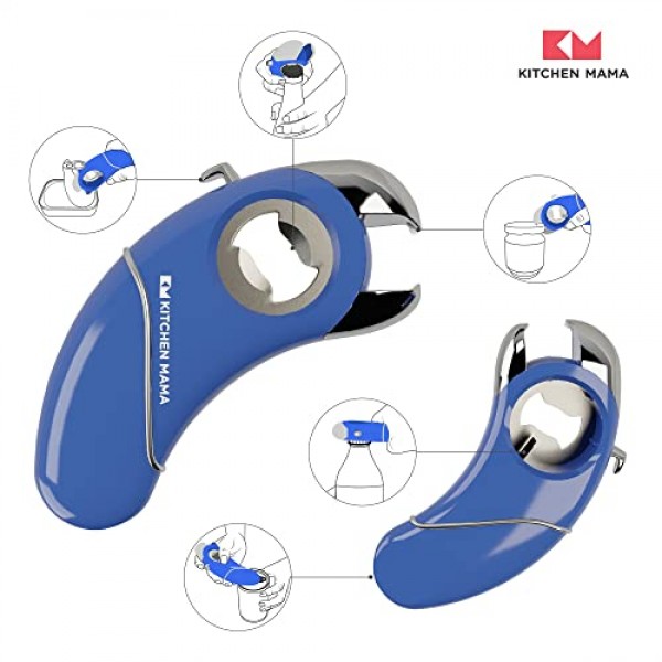 Kitchen Mama Epic One - 다기능 병따개: 나사 및 병뚜껑, 캔, 개봉 탭 및 항아리가 있는 병 열기 - 인체공학적, 손 친화적, 관절염에 이상적 - 파란색
