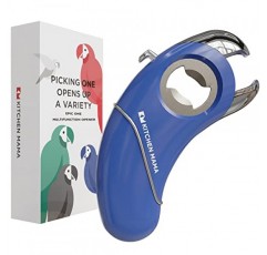 Kitchen Mama Epic One - 다기능 병따개: 나사 및 병뚜껑, 캔, 개봉 탭 및 항아리가 있는 병 열기 - 인체공학적, 손 친화적, 관절염에 이상적 - 파란색