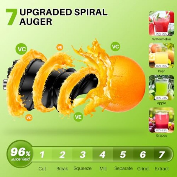 콜드 프레스 주서기, 3.5인치(89mm) 대형 피드 슈트가 있는 300W 저속 저작 주서기, 저속 콜드 프레스 주서기 야채 및 과일, 역방향 기능 브러시로 쉽게 청소 가능