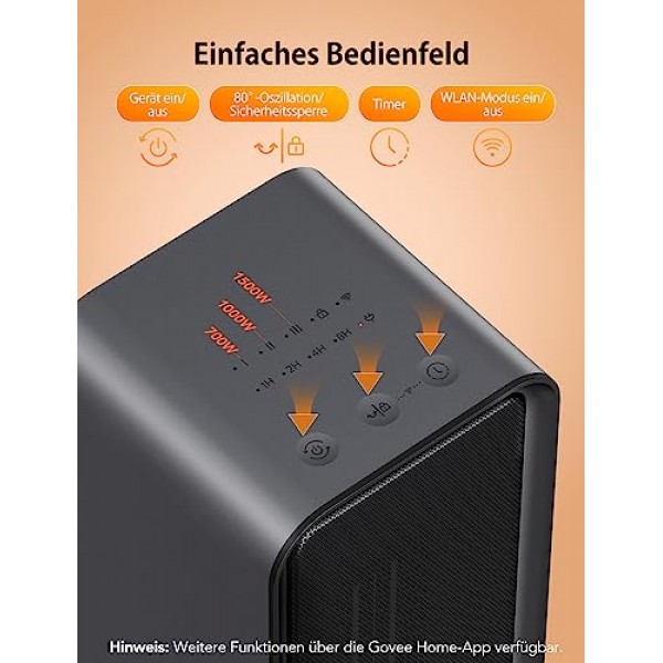 GoveeLife 팬 히터, 온도 조절기 히터, 지능형 전기 히터, WiFi 및 Bluetooth 앱, Alexa 및 Google Assistant와 작동, 실내용 1500W 세라믹 팬 히터, 블랙