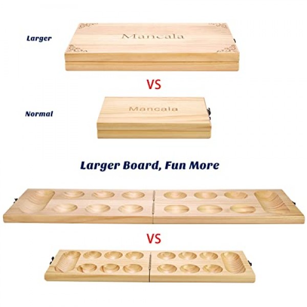 AMEROUS 나무 만칼라 보드 게임 세트 - 더 큰 크기로 업그레이드됨 - 72+8 보너스 멀티 컬러 유리 돌 - 접이식 보드 - 선물 패키지 - 지침, 성인, 어린이를 위한 휴대용 보드 