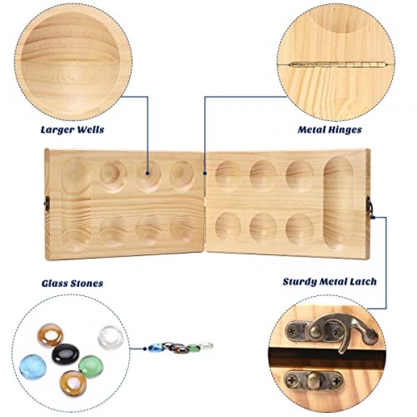 AMEROUS 나무 만칼라 보드 게임 세트 - 더 큰 크기로 업그레이드됨 - 72+8 보너스 멀티 컬러 유리 돌 - 접이식 보드 - 선물 패키지 - 지침, 성인, 어린이를 위한 휴대용 보드 