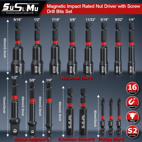 소켓 어댑터 세트 및 십자 드라이버 드릴 비트, 연장 비트 홀더, 무선 임팩트 렌치 드라이브 너트 또는 볼트용 1/4 퀵 체인지 육각 섕크가 포함된 16PCS 충격 정격 자기 
