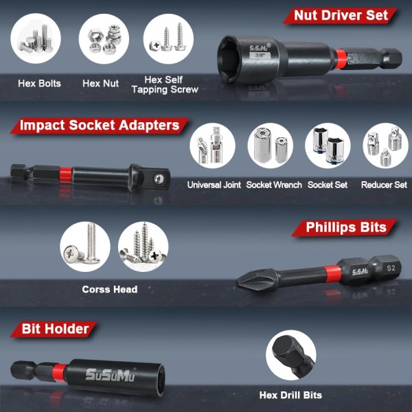 소켓 어댑터 세트 및 십자 드라이버 드릴 비트, 연장 비트 홀더, 무선 임팩트 렌치 드라이브 너트 또는 볼트용 1/4 퀵 체인지 육각 섕크가 포함된 16PCS 충격 정격 자기 