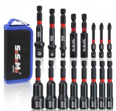 소켓 어댑터 세트 및 십자 드라이버 드릴 비트, 연장 비트 홀더, 무선 임팩트 렌치 드라이브 너트 또는 볼트용 1/4 퀵 체인지 육각 섕크가 포함된 16PCS 충격 정격 자기 