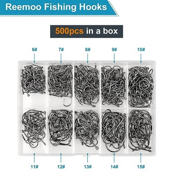 500PCS/100PCS ReeMoo 프리미엄 낚시 후크, 10 크기/4 크기 휴대용 플라스틱 상자가 있는 탄소강 낚시 후크, 민물/해수용 바브가 있는 강력한 날카로운 물고기 후크