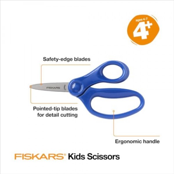 Fiskars 5인치 4~7세 어린이용 뾰족한 가위 - 학교 또는 공예용 가위 - 학용품으로 돌아가기 - 블루
