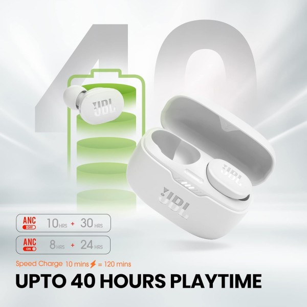 JBL Tune 130 NC TWS - 방수, 진정한 무선, 화이트 노이즈 캔슬링 인이어 헤드폰 - 최대 40시간 음악 재생 화이트 싱글
