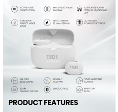JBL Tune 130 NC TWS - 방수, 진정한 무선, 화이트 노이즈 캔슬링 인이어 헤드폰 - 최대 40시간 음악 재생 화이트 싱글