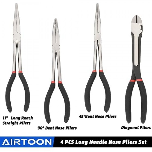 AIRTOON 4PCS 11 엑스트라 롱 니들 노즈 플라이어 세트, 롱 리치 직선 플라이어, 45° 및 90° 구부러진 노즈 플라이어, 대각선 플라이어, 자동차 수리/집안 작업을 위해 좁은 