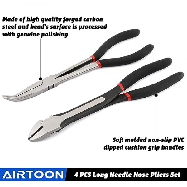 AIRTOON 4PCS 11 엑스트라 롱 니들 노즈 플라이어 세트, 롱 리치 직선 플라이어, 45° 및 90° 구부러진 노즈 플라이어, 대각선 플라이어, 자동차 수리/집안 작업을 위해 좁은 