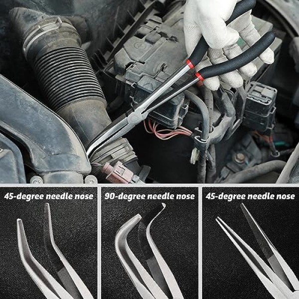 AIRTOON 4PCS 11 엑스트라 롱 니들 노즈 플라이어 세트, 롱 리치 직선 플라이어, 45° 및 90° 구부러진 노즈 플라이어, 대각선 플라이어, 자동차 수리/집안 작업을 위해 좁은 