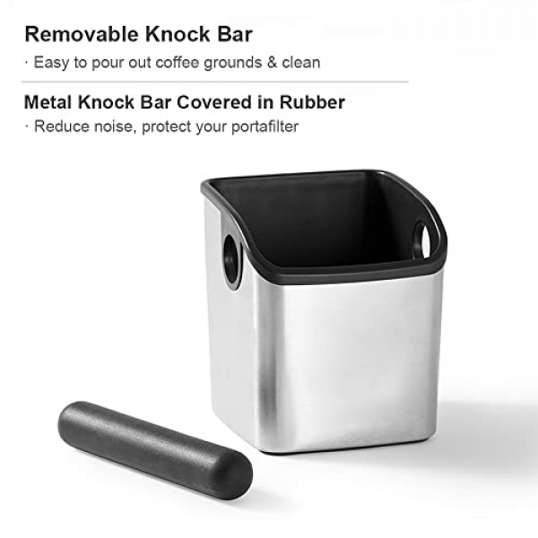 CAFEMASY 에스프레소 그라운드 노크 박스 탈착식 노크 바와 미끄럼 방지 베이스가 있는 미니 내구성 스테인레스 스틸 커피 그라인드 노크 박스
