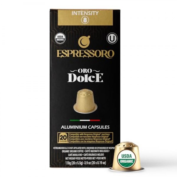 ESPRESSORO 20 USDA 유기농 에스프레소 포드 - 네스프레소 오리지널 라인 머신과 호환되는 DOLCE 알루미늄 캡슐. 인텐시티 8 프리미엄 이탈리안 에스프레소 커피 캡슐