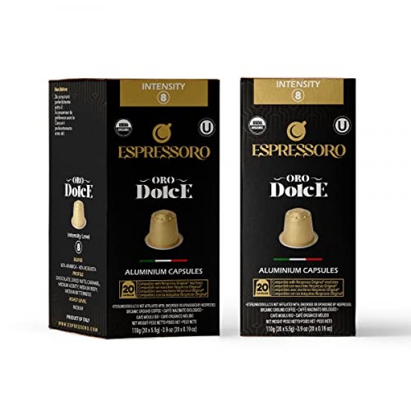 ESPRESSORO 20 USDA 유기농 에스프레소 포드 - 네스프레소 오리지널 라인 머신과 호환되는 DOLCE 알루미늄 캡슐. 인텐시티 8 프리미엄 이탈리안 에스프레소 커피 캡슐