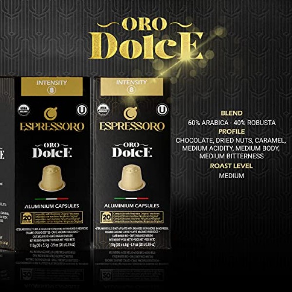 ESPRESSORO 20 USDA 유기농 에스프레소 포드 - 네스프레소 오리지널 라인 머신과 호환되는 DOLCE 알루미늄 캡슐. 인텐시티 8 프리미엄 이탈리안 에스프레소 커피 캡슐