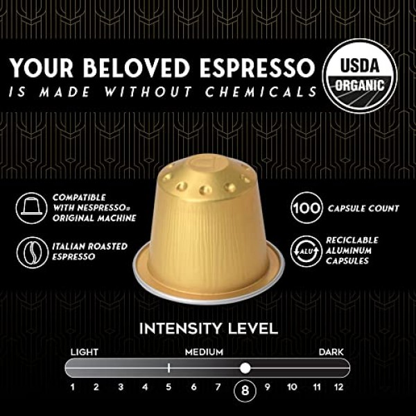 ESPRESSORO 20 USDA 유기농 에스프레소 포드 - 네스프레소 오리지널 라인 머신과 호환되는 DOLCE 알루미늄 캡슐. 인텐시티 8 프리미엄 이탈리안 에스프레소 커피 캡슐