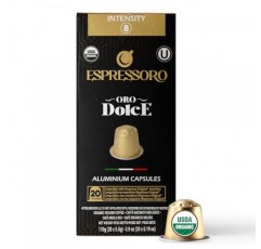 ESPRESSORO 20 USDA 유기농 에스프레소 포드 - 네스프레소 오리지널 라인 머신과 호환되는 DOLCE 알루미늄 캡슐. 인텐시티 8 프리미엄 이탈리안 에스프레소 커피 캡슐
