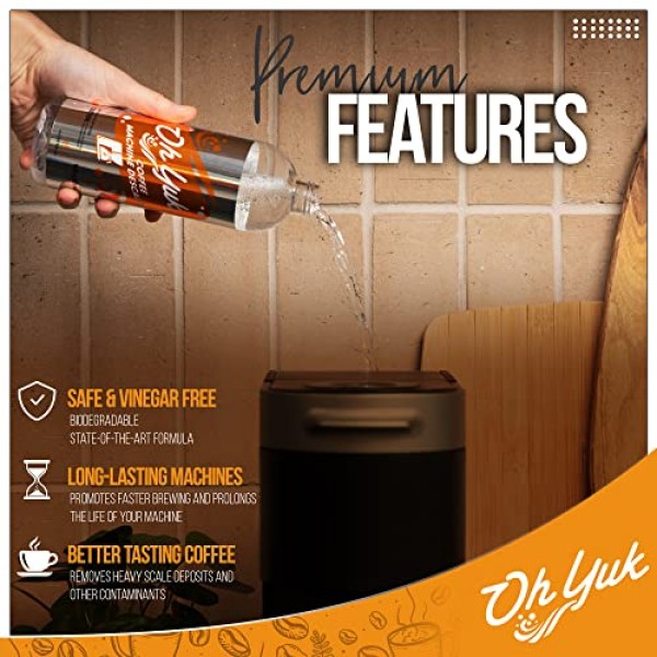 Oh Yuk 커피 머신 디스케일러 - 모든 브랜드 및 기계 유형에 보편적으로 호환되는 세척 및 스케일 제거 솔루션: Breville, Delonghi, Nespresso, Keurig - 16oz