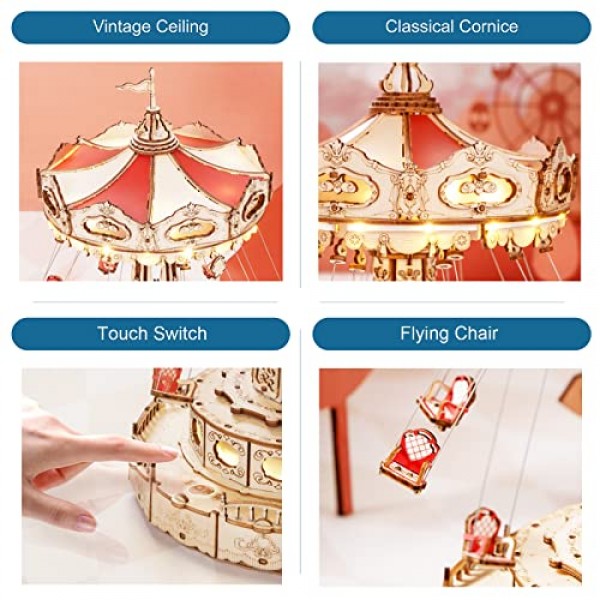 ROKR 3D 퍼즐 LED가 포함된 나무 뮤직 박스 키트, 회전 스윙 라이드 기계 모델 키트 DIY 목재 공예 취미 키트 성인용 소년/소녀 생일