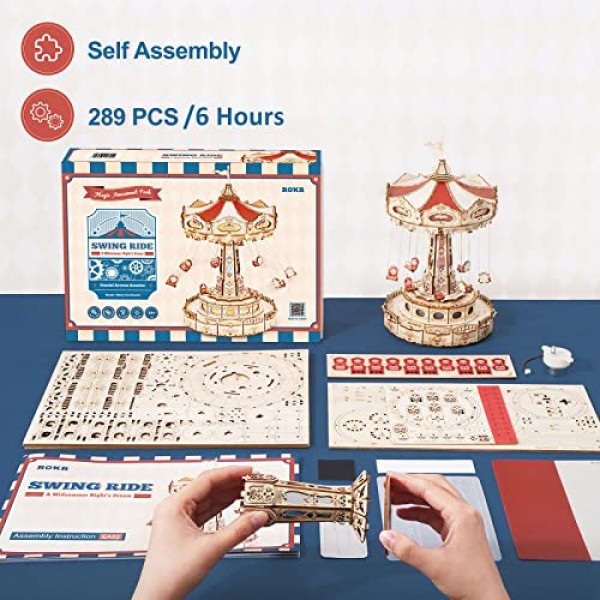 ROKR 3D 퍼즐 LED가 포함된 나무 뮤직 박스 키트, 회전 스윙 라이드 기계 모델 키트 DIY 목재 공예 취미 키트 성인용 소년/소녀 생일