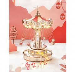 ROKR 3D 퍼즐 LED가 포함된 나무 뮤직 박스 키트, 회전 스윙 라이드 기계 모델 키트 DIY 목재 공예 취미 키트 성인용 소년/소녀 생일