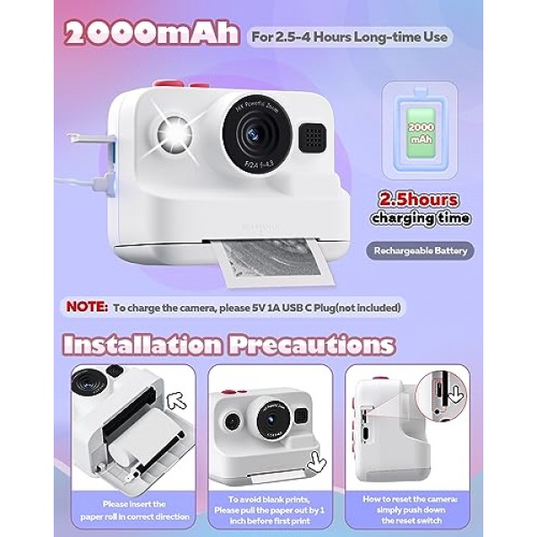 어린이 카메라 즉석 인쇄, 어린이를 위한 MEETRYE 즉석 인쇄 카메라 4-14세, 크리스마스 생일 선물 5 6 7 8 9 10세 소녀 소년 유아를 위한 디지털 카메라 장난감