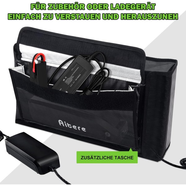 Lipo & EBike용 Aitere 배터리 백, EBike 배터리 백, 내화성 배터리 백 보관, 충전 및 운반용 Lipo Safe Bag, 탈착식 메자닌 초대형 배터리 금고 44 x 24 x 11 cm