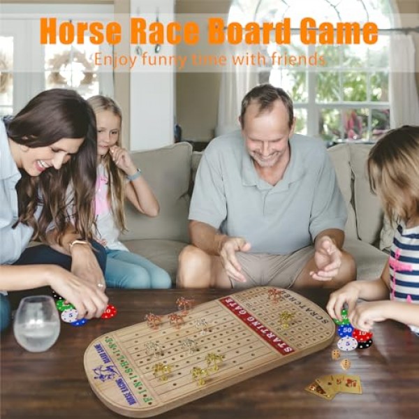 경마 보드 게임, 말 게임 보드, 11개의 금속 말, 2개의 나무 주사위, 2개의 황금 카드 데크 및 100PCS 칩이 포함된 성인용 목제 경마 보드 게임 23IN