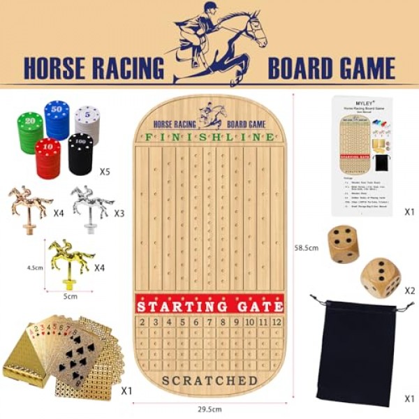 경마 보드 게임, 말 게임 보드, 11개의 금속 말, 2개의 나무 주사위, 2개의 황금 카드 데크 및 100PCS 칩이 포함된 성인용 목제 경마 보드 게임 23IN