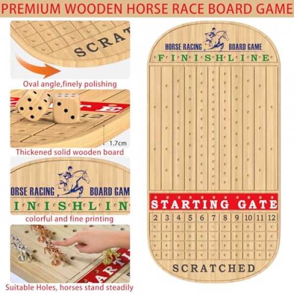 경마 보드 게임, 말 게임 보드, 11개의 금속 말, 2개의 나무 주사위, 2개의 황금 카드 데크 및 100PCS 칩이 포함된 성인용 목제 경마 보드 게임 23IN