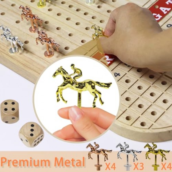 경마 보드 게임, 말 게임 보드, 11개의 금속 말, 2개의 나무 주사위, 2개의 황금 카드 데크 및 100PCS 칩이 포함된 성인용 목제 경마 보드 게임 23IN