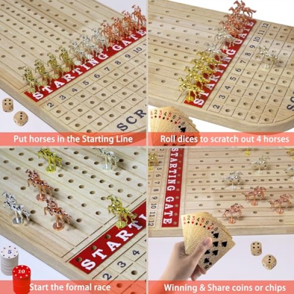 경마 보드 게임, 말 게임 보드, 11개의 금속 말, 2개의 나무 주사위, 2개의 황금 카드 데크 및 100PCS 칩이 포함된 성인용 목제 경마 보드 게임 23IN
