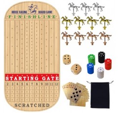 경마 보드 게임, 말 게임 보드, 11개의 금속 말, 2개의 나무 주사위, 2개의 황금 카드 데크 및 100PCS 칩이 포함된 성인용 목제 경마 보드 게임 23IN