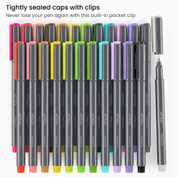 ARTEZA 펠트 펜, 메모 작성, 스케치, 크로스 해칭, 아웃라인, 염료 기반 잉크, 얼룩 방지를 위한 계절별 브러시 팁 캘리그래피 펜 24개 세트
