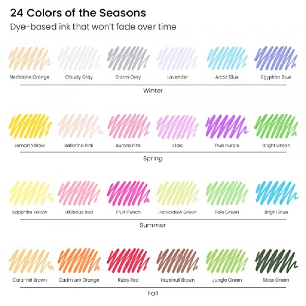 ARTEZA 펠트 펜, 메모 작성, 스케치, 크로스 해칭, 아웃라인, 염료 기반 잉크, 얼룩 방지를 위한 계절별 브러시 팁 캘리그래피 펜 24개 세트