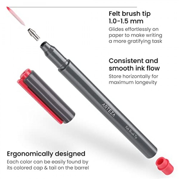 ARTEZA 펠트 펜, 메모 작성, 스케치, 크로스 해칭, 아웃라인, 염료 기반 잉크, 얼룩 방지를 위한 계절별 브러시 팁 캘리그래피 펜 24개 세트