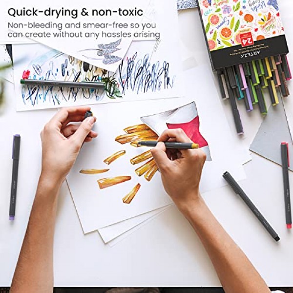 ARTEZA 펠트 펜, 메모 작성, 스케치, 크로스 해칭, 아웃라인, 염료 기반 잉크, 얼룩 방지를 위한 계절별 브러시 팁 캘리그래피 펜 24개 세트