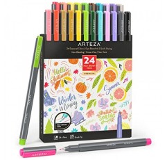ARTEZA 펠트 펜, 메모 작성, 스케치, 크로스 해칭, 아웃라인, 염료 기반 잉크, 얼룩 방지를 위한 계절별 브러시 팁 캘리그래피 펜 24개 세트